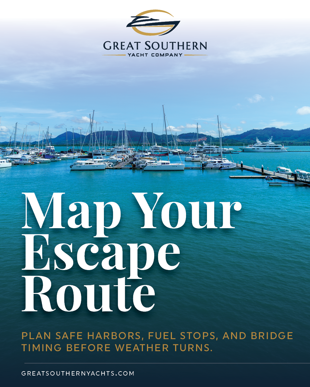 Plan a realistic relocation route now: identify your safe harbor options, fuel stops, captain availability, and bridge/tide constraints while conditions are calm
