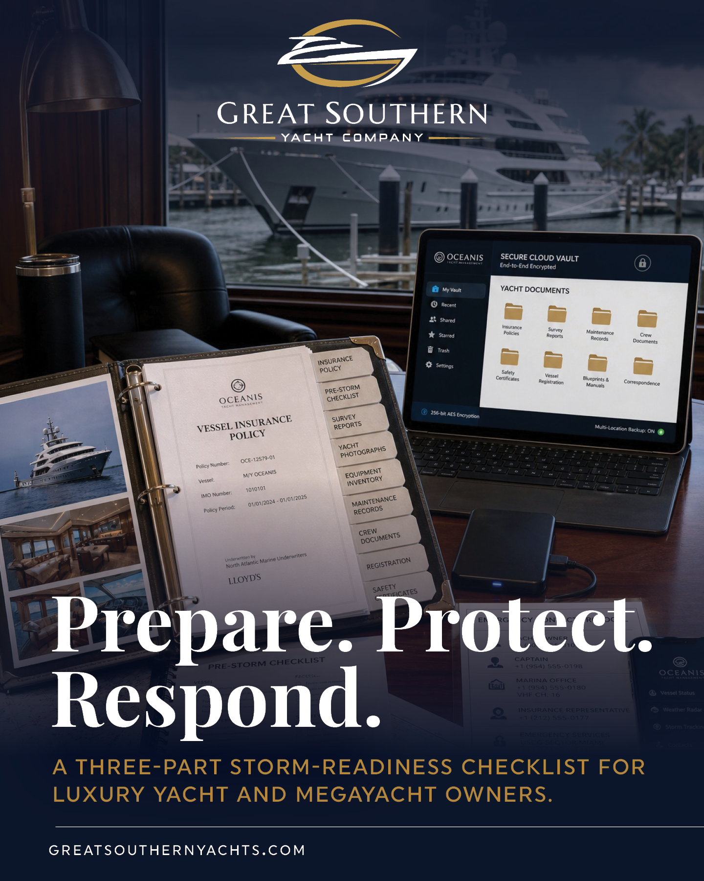 Create a 3-part checklist tailored to luxury yacht and megayacht owners that standardizes pre-storm insurance audits, secure multi-location document backups, and a multilayer emergency contact protocol shared with your fiduciary yacht co...