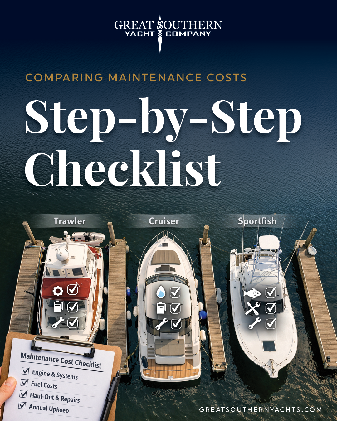 Step-by-step checklist to compare trawler, cruiser, and sportfish maintenance costs before making offers