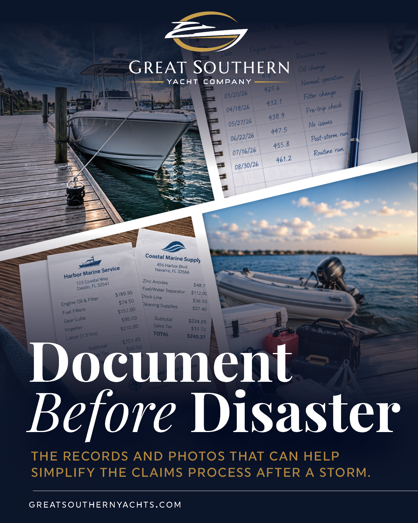 Build a concise educational post showing how to stage your records for claims: pre-storm photo set, engine hours log, maintenance receipts, and current inventory list for loose gear and tender