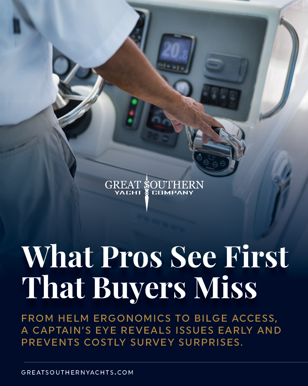 What a captain-broker looks for in a first walkthrough that most buyers miss—from helm ergonomics to bilge access—and how those details prevent survey-day surprises in Destin and South Florida; learn more on our website