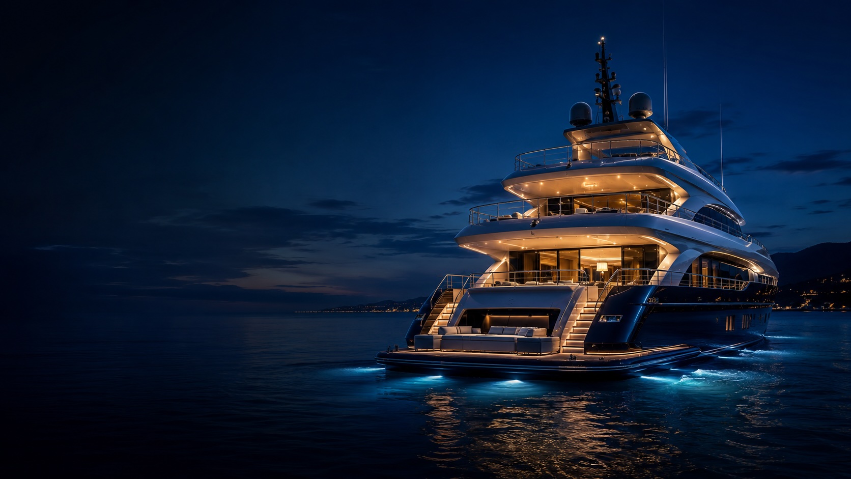 Yacht in a marina at dusk