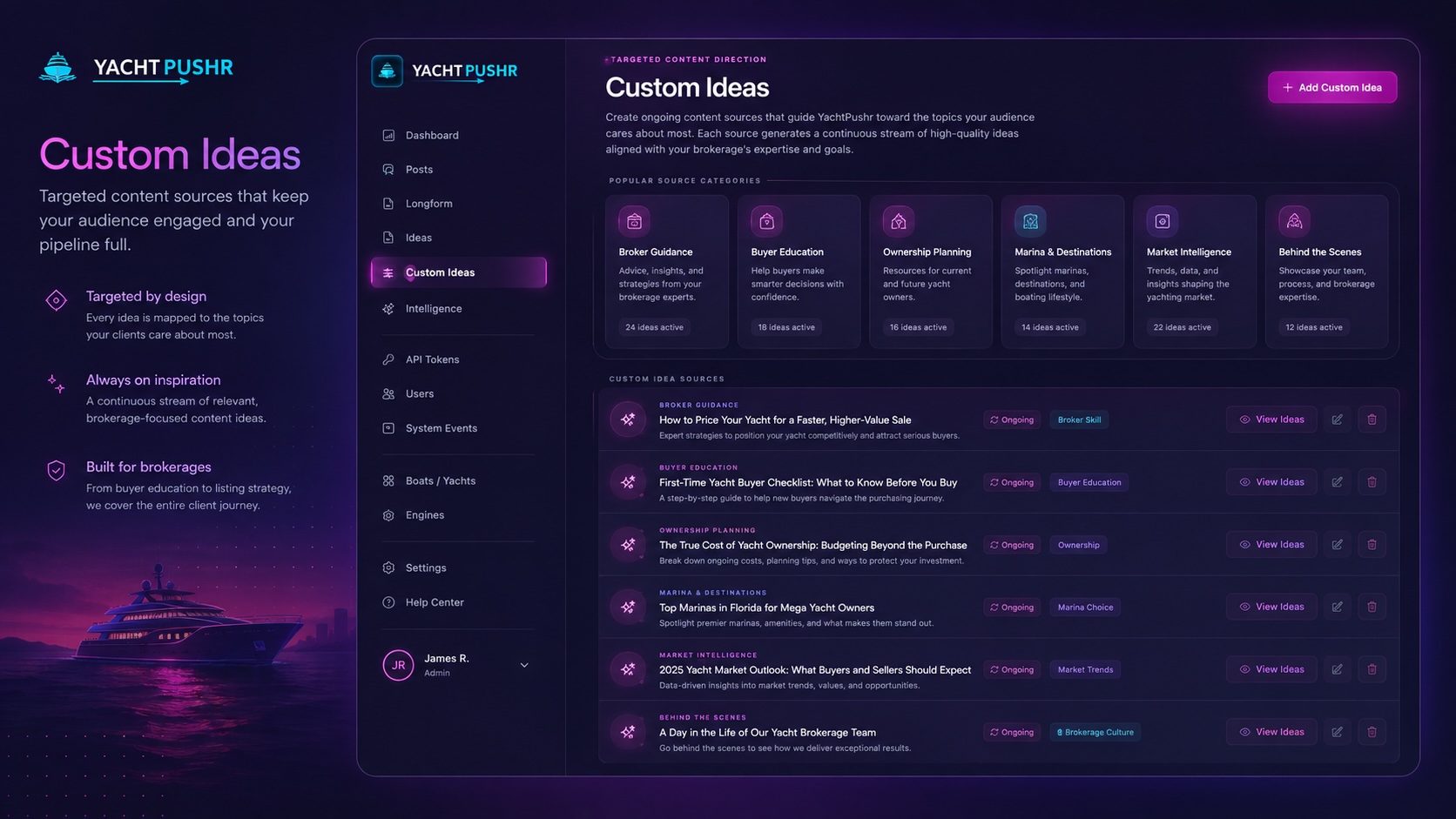 YachtPushr Custom Ideas screen with content directions and ongoing idea sources